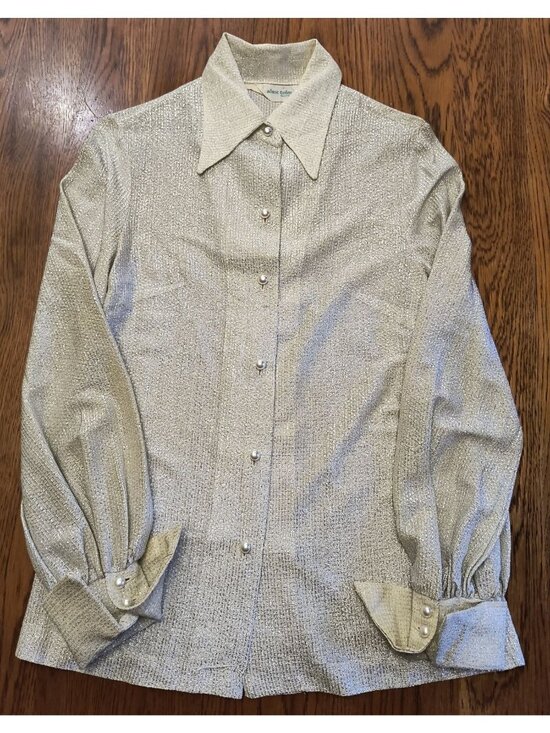 Alex Colman Tops - Vintage Alex Colman Silver Metallic Button-Up Blouse With Pearl Buttons